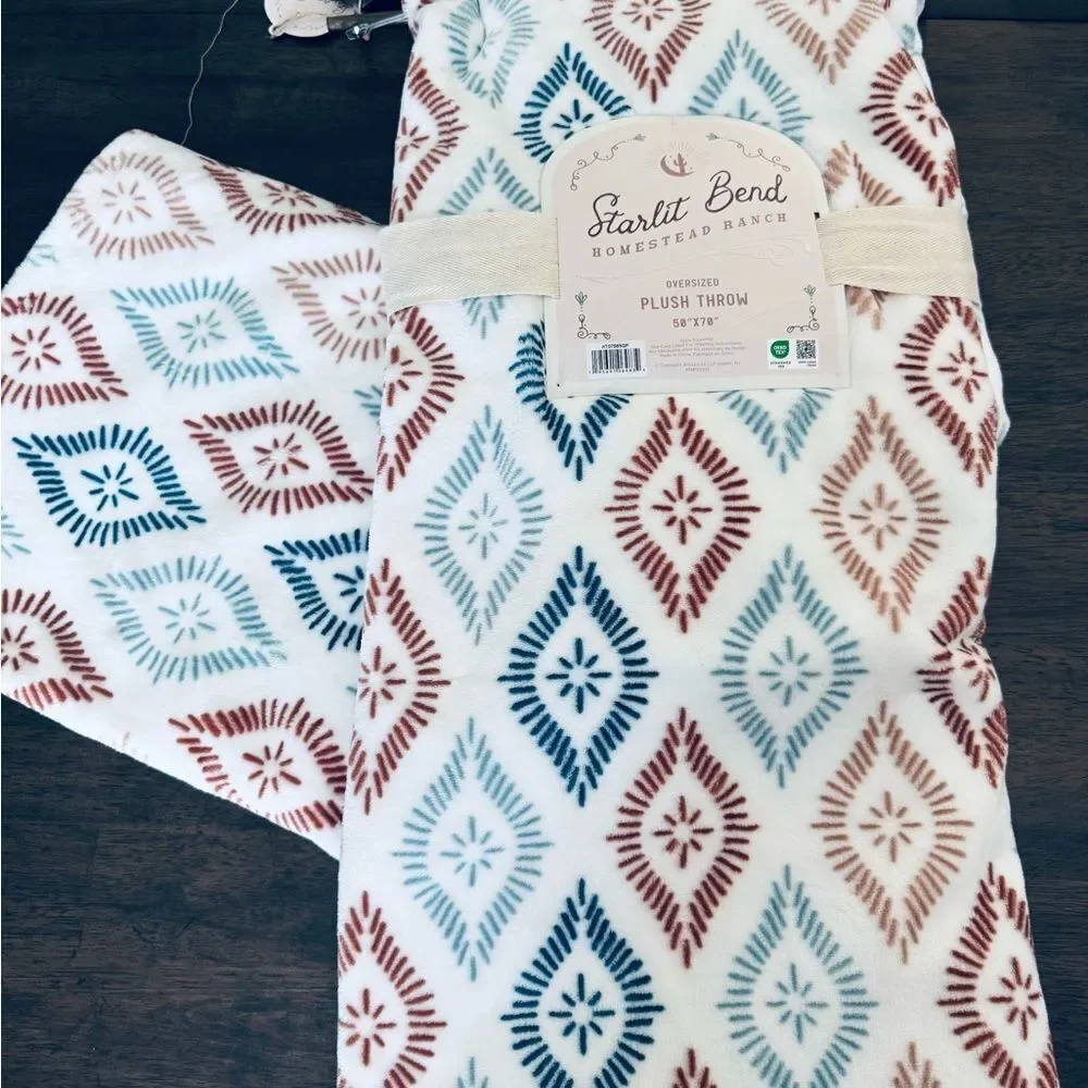 Boho Plush Western Brown Blue Print Oversize Throw Blanket